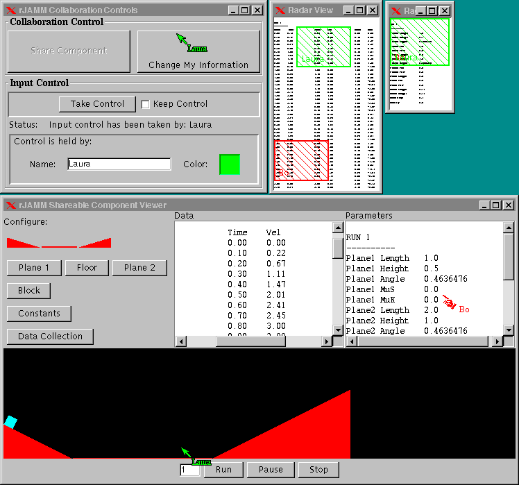 Figure 3. One collaborator's view of
	  a shared physics education simulation, BlockAndPlane.