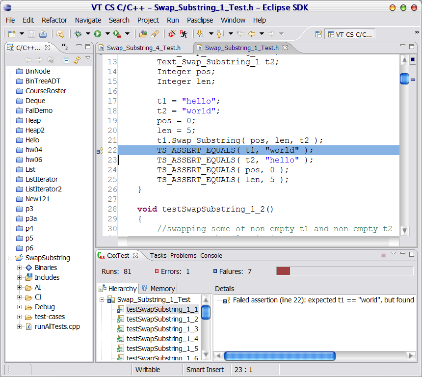 A screen shot of the CxxTest graphical view within Eclipse